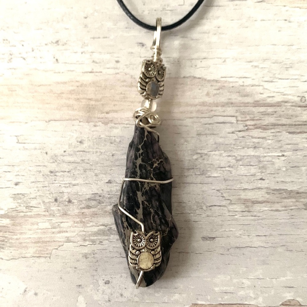 Silver Owl Black Marble Stone Pendant Necklace Women’s Jewelry Brand NEW